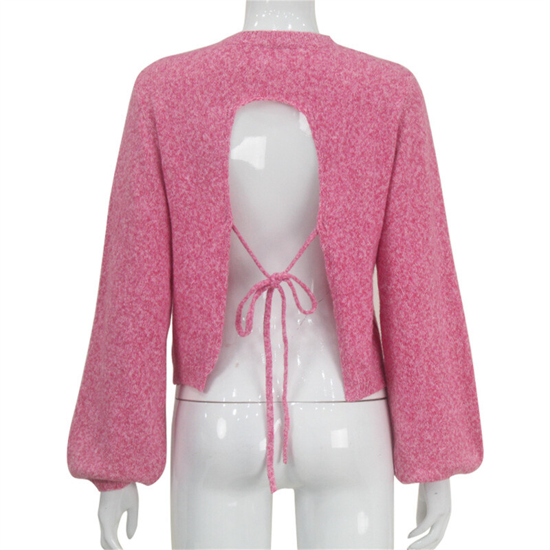 Pulover de damă, tricot solid, cu gâtul O, cu decuparea în spate, cu șireturi supradimensionate, cu mânecă lungă, crop top, toamnă, primăvară, tricotaje sexy din pânză Highstreet