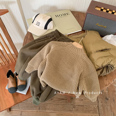 Pulover coreean de primăvară și toamnă pentru copii 2024, pentru băieți și fete, cu ac gros, cu gât rotund, pulover, simplu, ocazional.