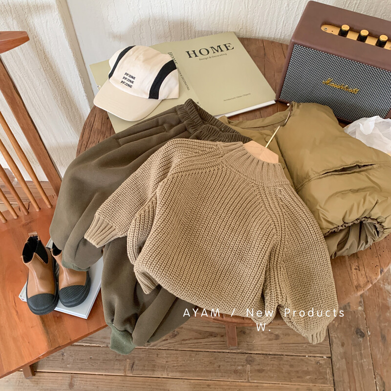 Pulover coreean de primăvară și toamnă pentru copii 2024, pentru băieți și fete, cu ac gros, cu gât rotund, pulover, simplu, ocazional.