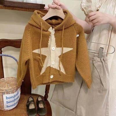 Palton pentru copii, băieți, 2024, toamnă, nou, îmbrăcăminte exterioară pentru copii, tricotată, cardigan pentru fete, ediție coreeană, stil îmbrăcăminte, top cu glugă