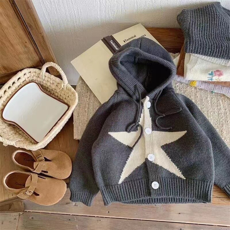 Palton pentru copii, băieți, 2024, toamnă, nou, îmbrăcăminte exterioară pentru copii, tricotată, cardigan pentru fete, ediție coreeană, stil îmbrăcăminte, top cu glugă