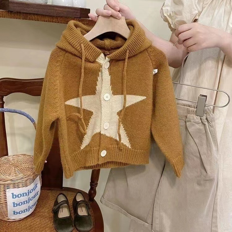 Palton pentru copii, băieți, 2024, toamnă, nou, îmbrăcăminte exterioară pentru copii, tricotată, cardigan pentru fete, ediție coreeană, stil îmbrăcăminte, top cu glugă