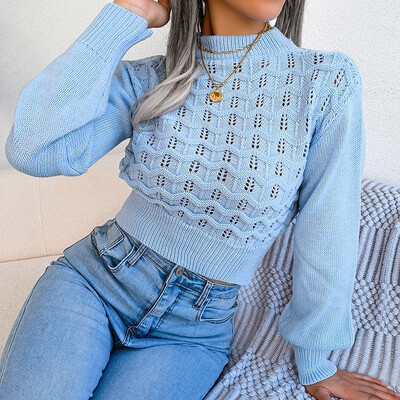 Apgriezts džemperis Sieviešu džemperi Adīti O veida kakla džemperi ar atklātu nabu Džemperi ar piedurknēm dobi džemperi rudens ziemas džemperi