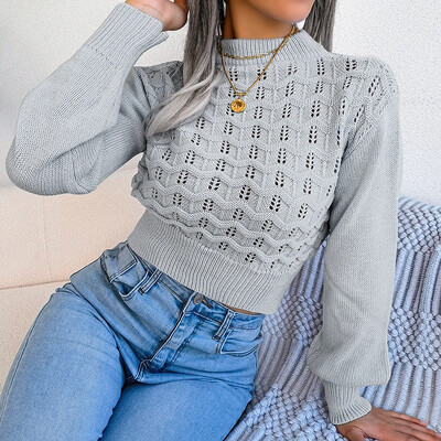 Apgriezts džemperis Sieviešu džemperi Adīti O veida kakla džemperi ar atklātu nabu Džemperi ar piedurknēm dobi džemperi rudens ziemas džemperi