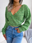 Pulover tricotat Femei Toamna Iarna Pulover Sexy cu decolteu in V Cruce Pulovere cu buric expus Maneca lanterna Pulovere casual albastre