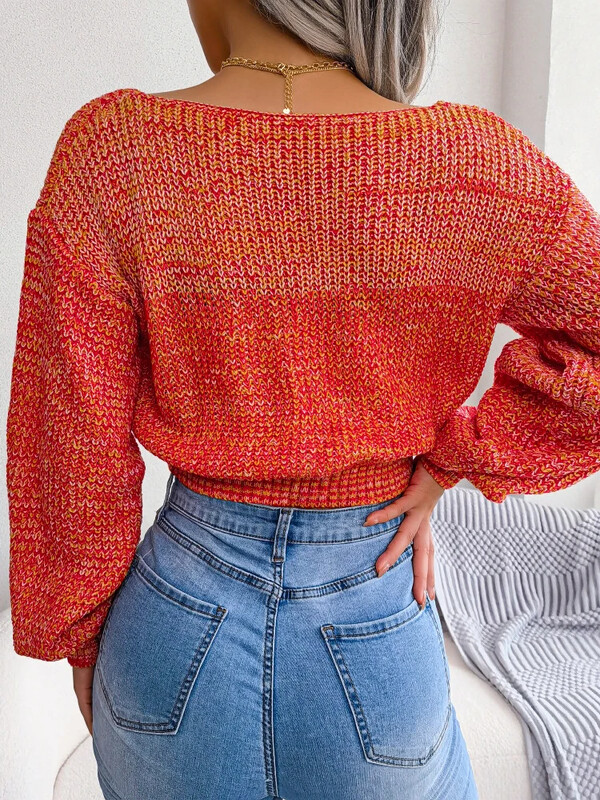 Pulover tricotat Femei Toamna Iarna Pulover Sexy cu decolteu in V Cruce Pulovere cu buric expus Maneca lanterna Pulovere casual albastre