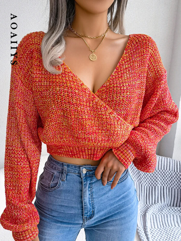 Pulover tricotat Femei Toamna Iarna Pulover Sexy cu decolteu in V Cruce Pulovere cu buric expus Maneca lanterna Pulovere casual albastre