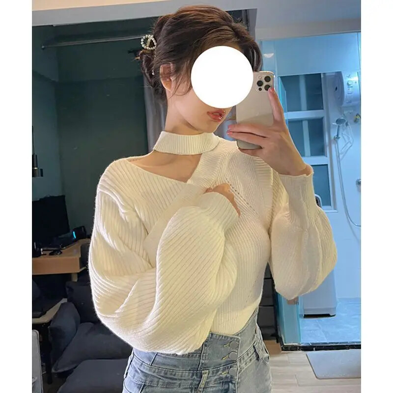 2024 Nou Pulover decupat, cu umăr în afara gâtului, pentru femei, de toamnă/iarnă, îmbrăcăminte exterioară, montată în talie, tricotat coreean, mânecă de sus
