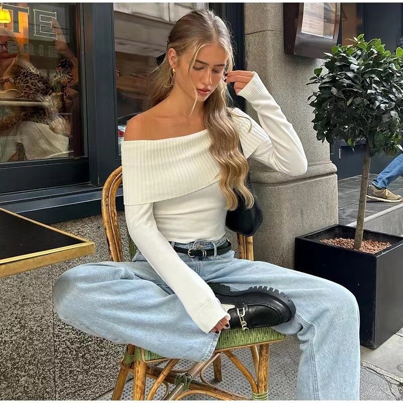 2024, toamnă, alb, pulover tricotat cu umăr dezactivat, pentru femei, ocazional, cu gât tăiat, cu mânecă lungă, tricotaje pentru doamne.