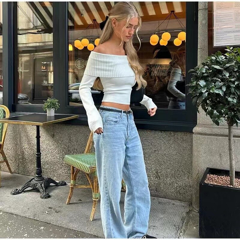 2024, toamnă, alb, pulover tricotat cu umăr dezactivat, pentru femei, ocazional, cu gât tăiat, cu mânecă lungă, tricotaje pentru doamne.