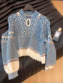 Toamnă și iarnă Parfum mic contrastat cu decupaje guler în picioare Pulover scurt Pulover Top Pulover tricotat albastru și alb Femei