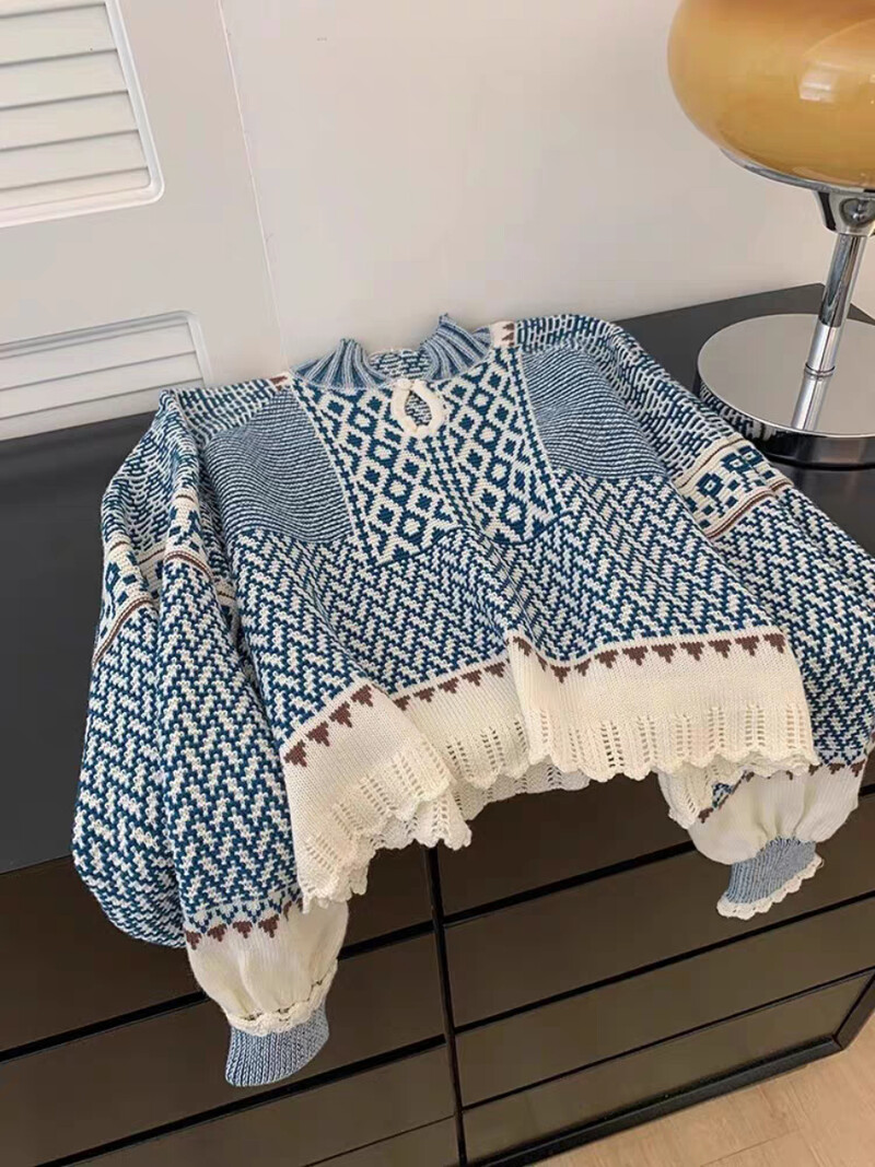 Toamnă și iarnă Parfum mic contrastat cu decupaje guler în picioare Pulover scurt Pulover Top Pulover tricotat albastru și alb Femei