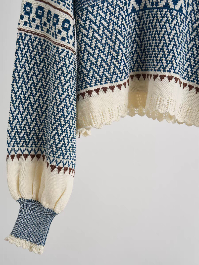 Toamnă și iarnă Parfum mic contrastat cu decupaje guler în picioare Pulover scurt Pulover Top Pulover tricotat albastru și alb Femei