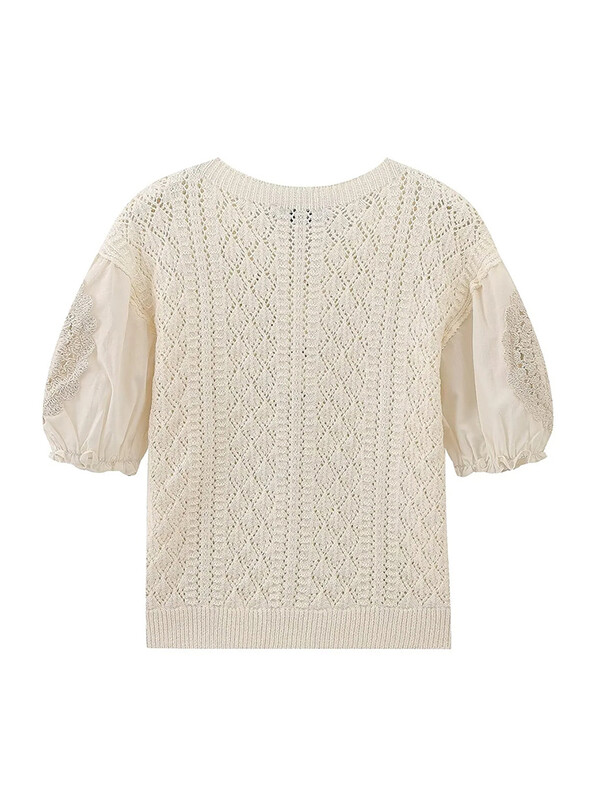 Női kötött patchwork, rövid, felfújható pulóver, bézs felsők, O-nyakú lányok, kivágású, rugalmas, tömör pulóverek, 2024. nyár