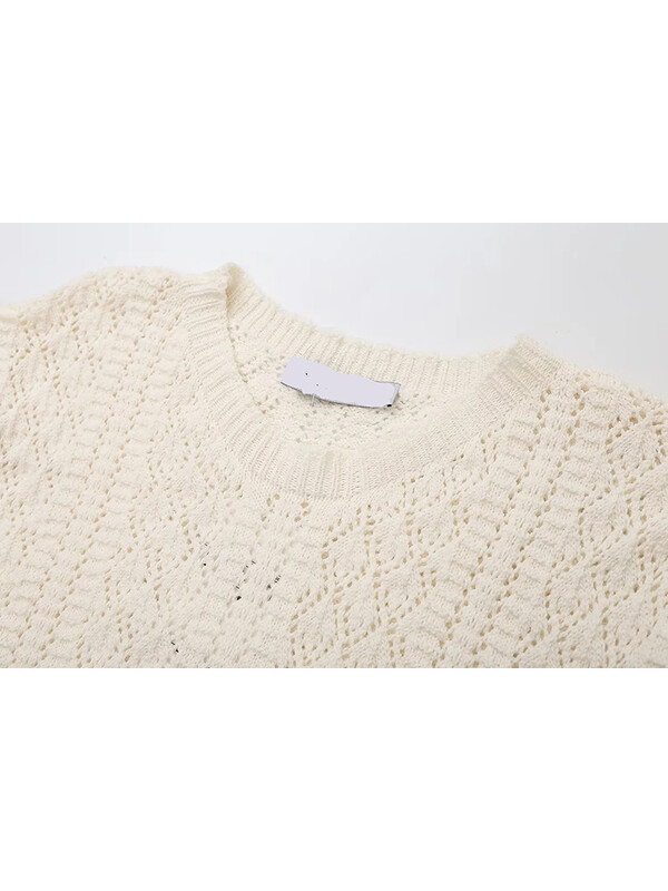 Női kötött patchwork, rövid, felfújható pulóver, bézs felsők, O-nyakú lányok, kivágású, rugalmas, tömör pulóverek, 2024. nyár