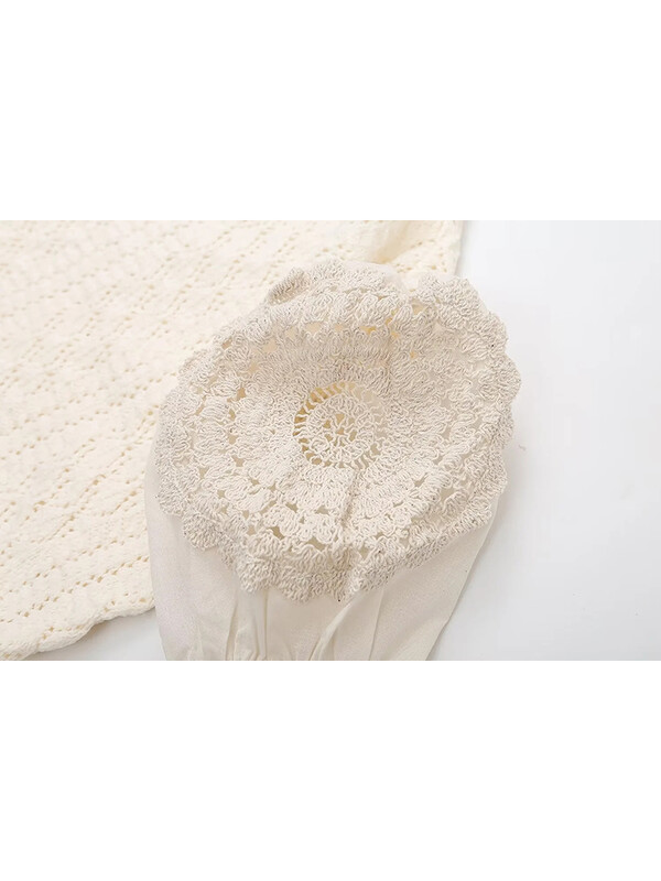 Női kötött patchwork, rövid, felfújható pulóver, bézs felsők, O-nyakú lányok, kivágású, rugalmas, tömör pulóverek, 2024. nyár