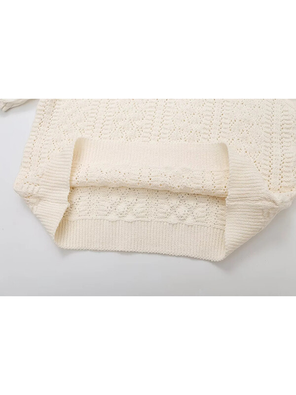 Női kötött patchwork, rövid, felfújható pulóver, bézs felsők, O-nyakú lányok, kivágású, rugalmas, tömör pulóverek, 2024. nyár