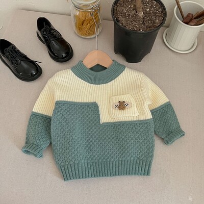 Rudens bērnu zēnu džemperis Izšuvums Lācis Savienots Zēni Zēni Puloveri Kokvilnas apaļa apkakle ar garām piedurknēm Trikotāža bērniem Zēniem