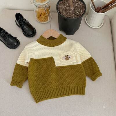 Rudens bērnu zēnu džemperis Izšuvums Lācis Savienots Zēni Zēni Puloveri Kokvilnas apaļa apkakle ar garām piedurknēm Trikotāža bērniem Zēniem