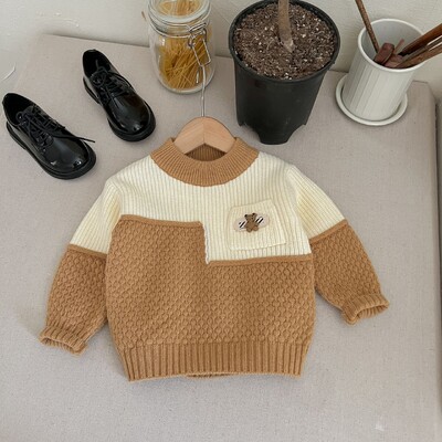 Rudens bērnu zēnu džemperis Izšuvums Lācis Savienots Zēni Zēni Puloveri Kokvilnas apaļa apkakle ar garām piedurknēm Trikotāža bērniem Zēniem