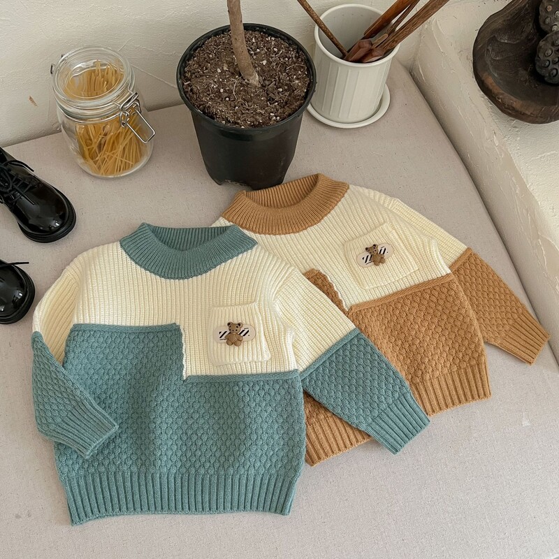 Rudens bērnu zēnu džemperis Izšuvums Lācis Savienots Zēni Zēni Puloveri Kokvilnas apaļa apkakle ar garām piedurknēm Trikotāža bērniem Zēniem