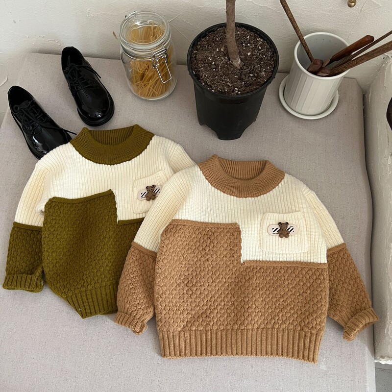 Rudens bērnu zēnu džemperis Izšuvums Lācis Savienots Zēni Zēni Puloveri Kokvilnas apaļa apkakle ar garām piedurknēm Trikotāža bērniem Zēniem