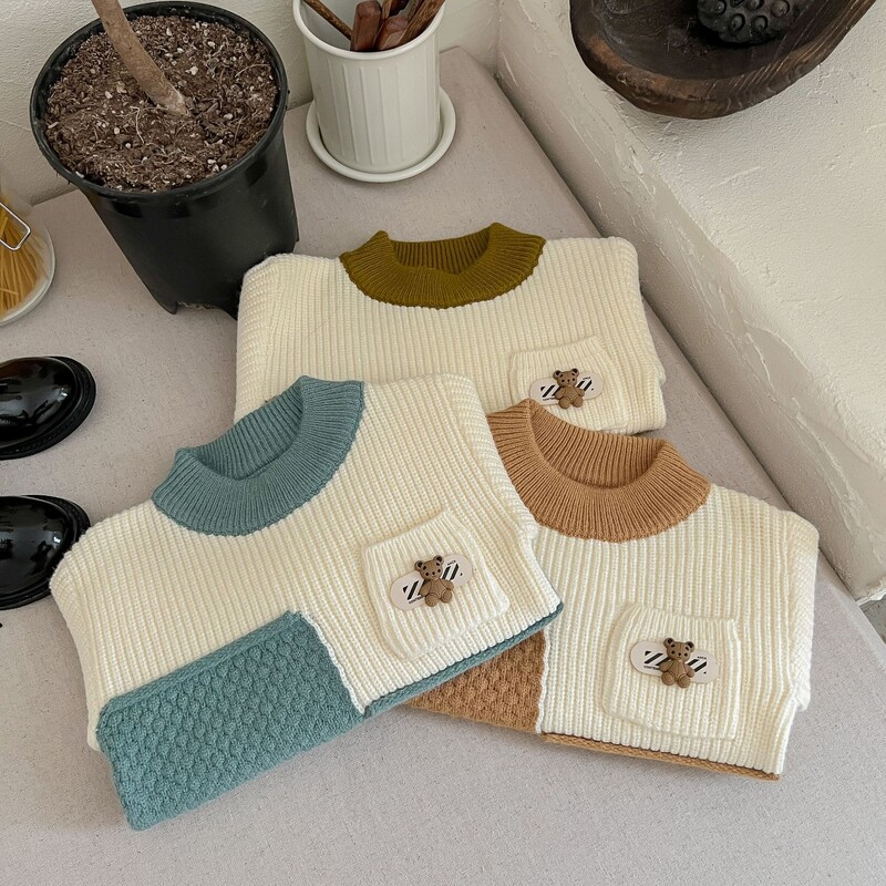 Rudens bērnu zēnu džemperis Izšuvums Lācis Savienots Zēni Zēni Puloveri Kokvilnas apaļa apkakle ar garām piedurknēm Trikotāža bērniem Zēniem