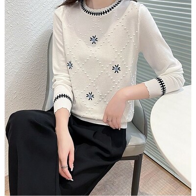 Őszi téli női pulóver, kerek nyakú, hosszú ujjú, csavaros horgolt, virágos hímzésű pulóver, kötött alkalmi elegáns felsők