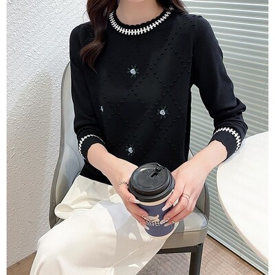 Őszi téli női pulóver, kerek nyakú, hosszú ujjú, csavaros horgolt, virágos hímzésű pulóver, kötött alkalmi elegáns felsők