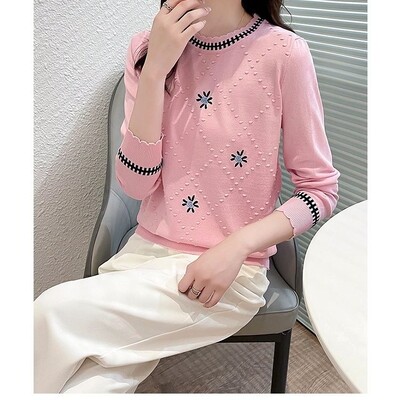 Őszi téli női pulóver, kerek nyakú, hosszú ujjú, csavaros horgolt, virágos hímzésű pulóver, kötött alkalmi elegáns felsők