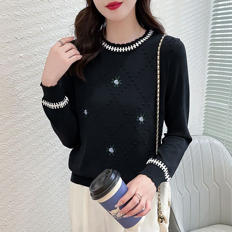 Őszi téli női pulóver, kerek nyakú, hosszú ujjú, csavaros horgolt, virágos hímzésű pulóver, kötött alkalmi elegáns felsők