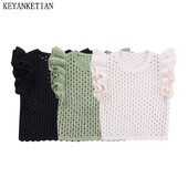 KEYANKETIAN Καλοκαιρινό νέο γυναικείο κοίλο βελονάκι με κοντό μανίκι πλεκτό Boho στυλ Cascading Sweet O-neck ελαφρύ πουλόβερ Crop Top