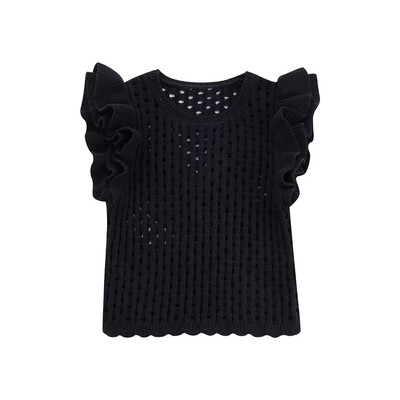 KEYANKETIAN Καλοκαιρινό νέο γυναικείο κοίλο βελονάκι με κοντό μανίκι πλεκτό Boho στυλ Cascading Sweet O-neck ελαφρύ πουλόβερ Crop Top