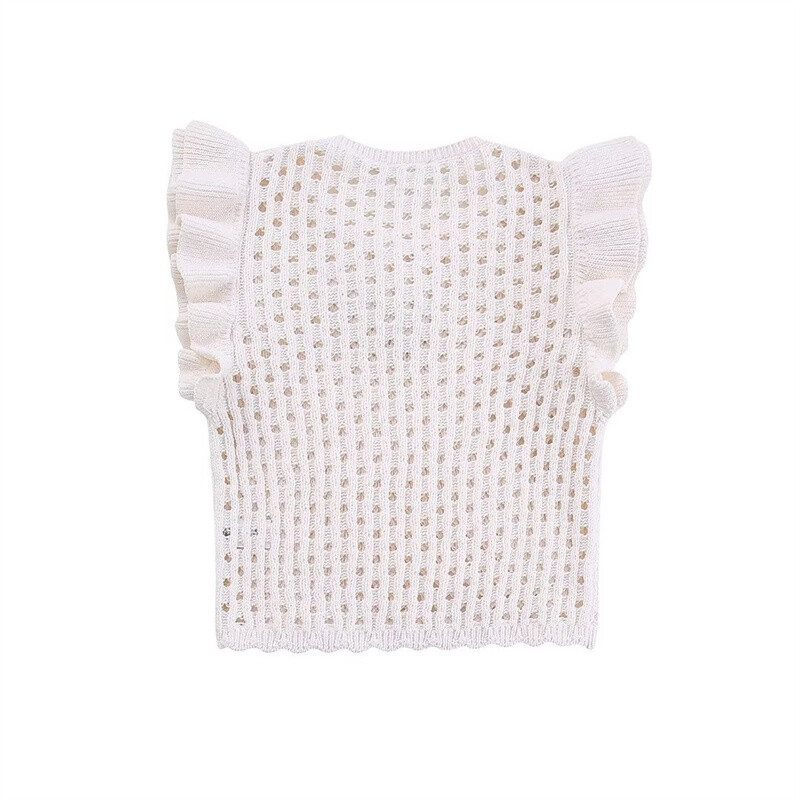 KEYANKETIAN Καλοκαιρινό νέο γυναικείο κοίλο βελονάκι με κοντό μανίκι πλεκτό Boho στυλ Cascading Sweet O-neck ελαφρύ πουλόβερ Crop Top