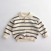 Gyermek csíkos pulóver hajtóka pulóver őszi új Mori koreai baba fiúk és lányok pamut hosszú ujjú gombok kötött pulóverek