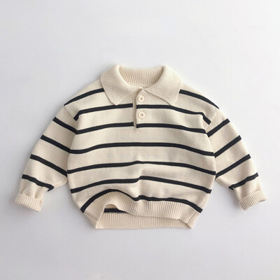 Gyermek csíkos pulóver hajtóka pulóver őszi új Mori koreai baba fiúk és lányok pamut hosszú ujjú gombok kötött pulóverek