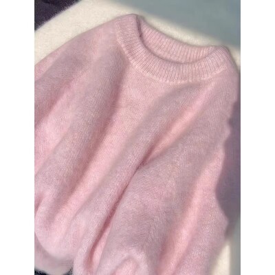 Pulover tricotat Mohair moale roz, toamnă, iarnă, top cu mâneci lungi, cu mâneci lungi, nou, culoare uni, pulover simplu cu gâtul în formă de O