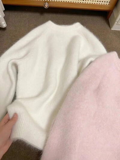 Pulover tricotat Mohair moale roz, toamnă, iarnă, top cu mâneci lungi, cu mâneci lungi, nou, culoare uni, pulover simplu cu gâtul în formă de O