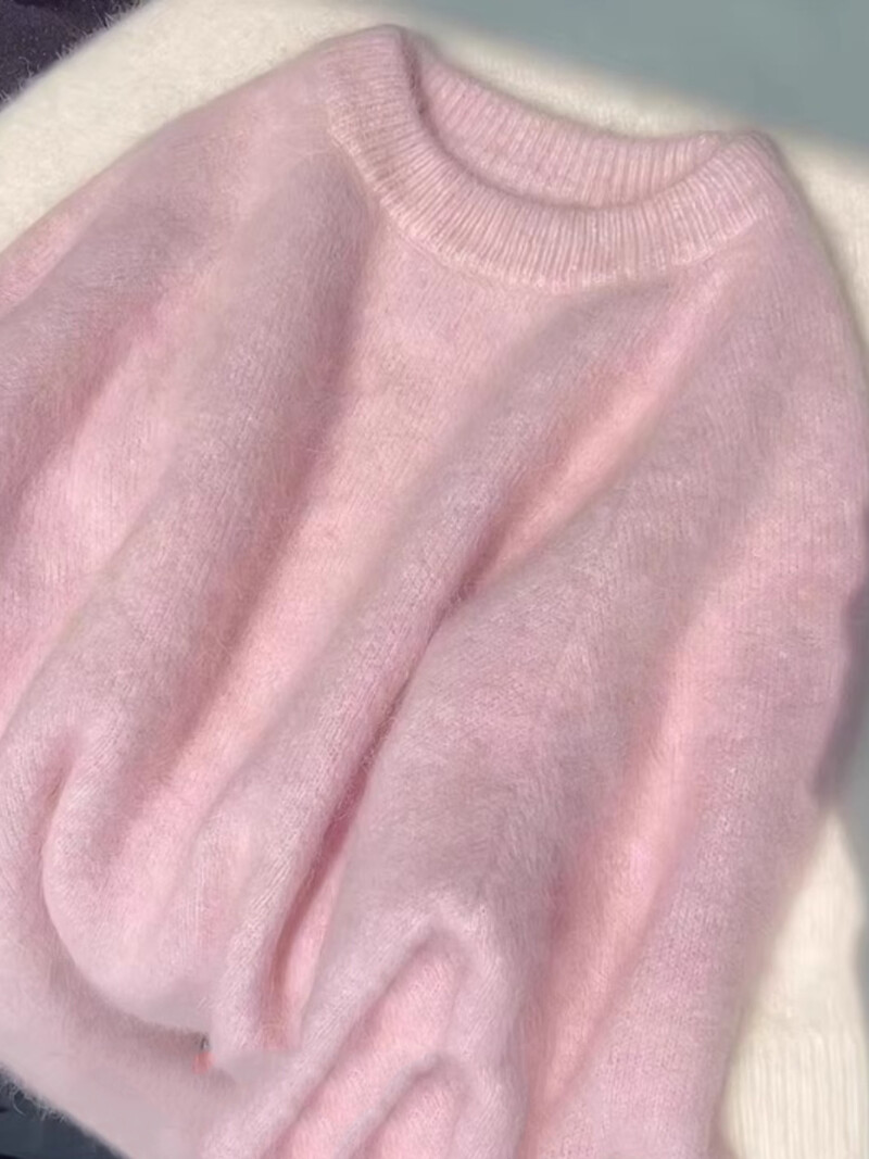 Pulover tricotat Mohair moale roz, toamnă, iarnă, top cu mâneci lungi, cu mâneci lungi, nou, culoare uni, pulover simplu cu gâtul în formă de O