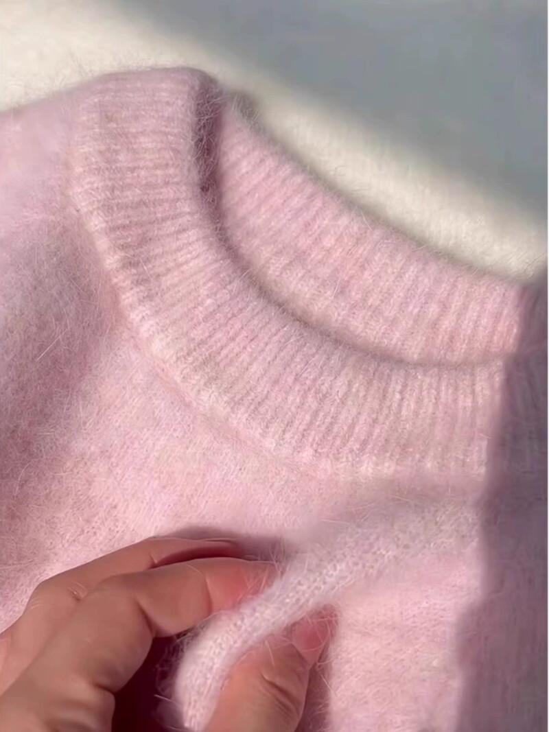 Pulover tricotat Mohair moale roz, toamnă, iarnă, top cu mâneci lungi, cu mâneci lungi, nou, culoare uni, pulover simplu cu gâtul în formă de O