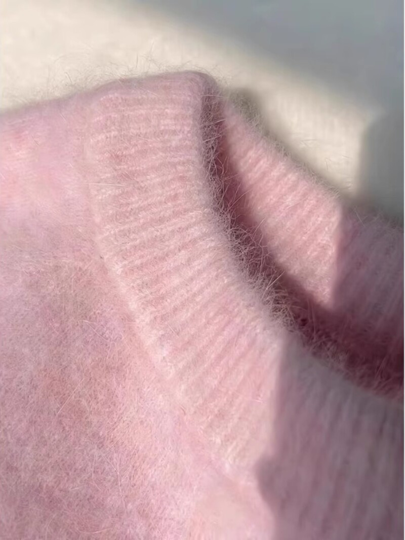 Pulover tricotat Mohair moale roz, toamnă, iarnă, top cu mâneci lungi, cu mâneci lungi, nou, culoare uni, pulover simplu cu gâtul în formă de O