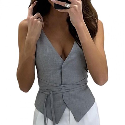 Vestă scurtă pentru femei, sexy, cu decolteu în V, fără mâneci, buzunare, blazer, vestă, jachetă, pentru birou, pentru femei, cu un singur piept, ocazional, subțire.