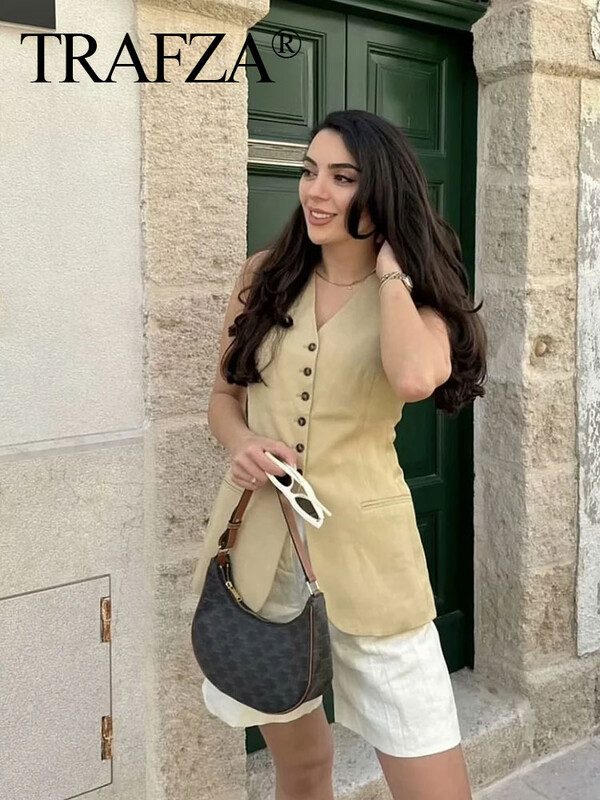 TRAFZA veste de vară pentru femei, cu decolteu în V, șic, cu un singur piept, vestă lungă, top pentru femei, ocazională, fără mâneci, veste de modă