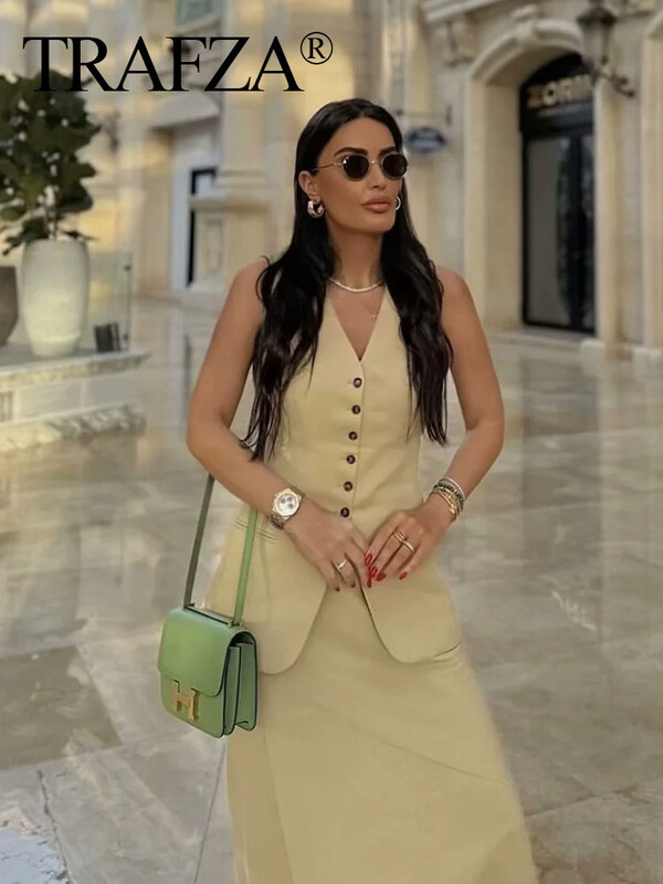 TRAFZA veste de vară pentru femei, cu decolteu în V, șic, cu un singur piept, vestă lungă, top pentru femei, ocazională, fără mâneci, veste de modă