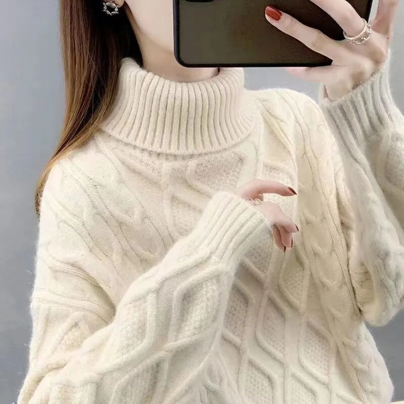 Pulover de damă cu guler tricotat, toamnă, iarnă, nou, largi, cald, tricotat, Topuri, tricotaj, culori caramele, pulover, coreean, moale, casual