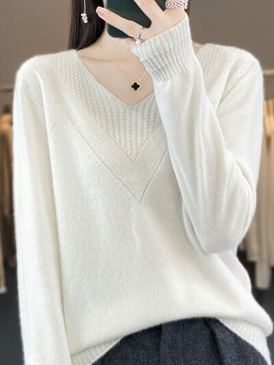 Pulover cu mânecă lungă pentru femei, toamnă iarnă, pulover cu decolteu în V, 100% lână merinos, cu fundul de bază, tricotaje de cașmir, îmbrăcăminte, topuri de modă