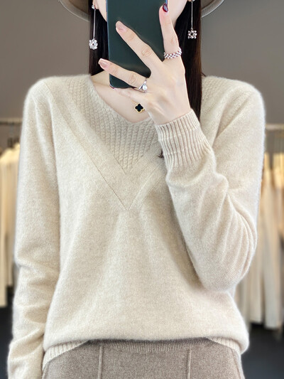 Pulover cu mânecă lungă pentru femei, toamnă iarnă, pulover cu decolteu în V, 100% lână merinos, cu fundul de bază, tricotaje de cașmir, îmbrăcăminte, topuri de modă