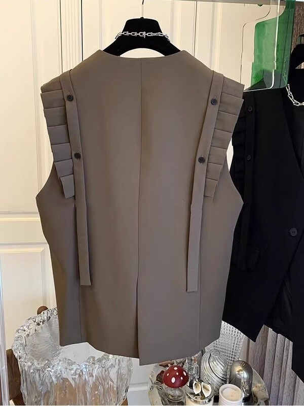 2024, primăvară, toamnă, vestă nouă, haină pentru femei, cu decolteu în V, fără mâneci, topuri supradimensionate, cu volane, vestă casual, la modă, tancuri coreene