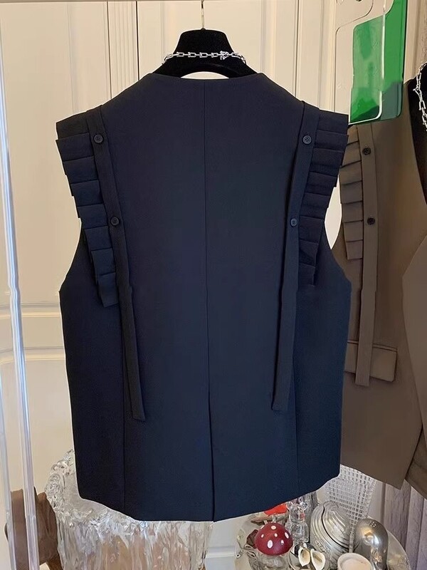 2024, primăvară, toamnă, vestă nouă, haină pentru femei, cu decolteu în V, fără mâneci, topuri supradimensionate, cu volane, vestă casual, la modă, tancuri coreene