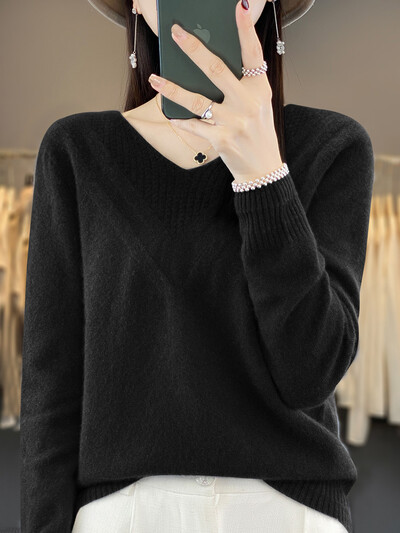 Új elegáns női, V-nyakú, üreges pulóver pulóver őszi téli 100% merinó gyapjú laza kasmír kötött női ruházat grace felsők